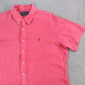 Ralph Lauren Shirt Mens 2XL Pink 100% Linen Button Down Short Sleeve Custom Fit